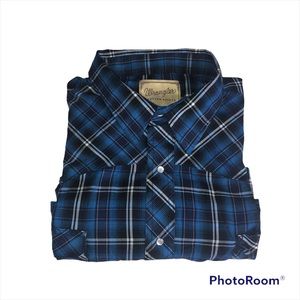 WRANGLER Western Shirts Mens Blue Plaid Snap Button Short Sleeve Shirt EUC 3XL